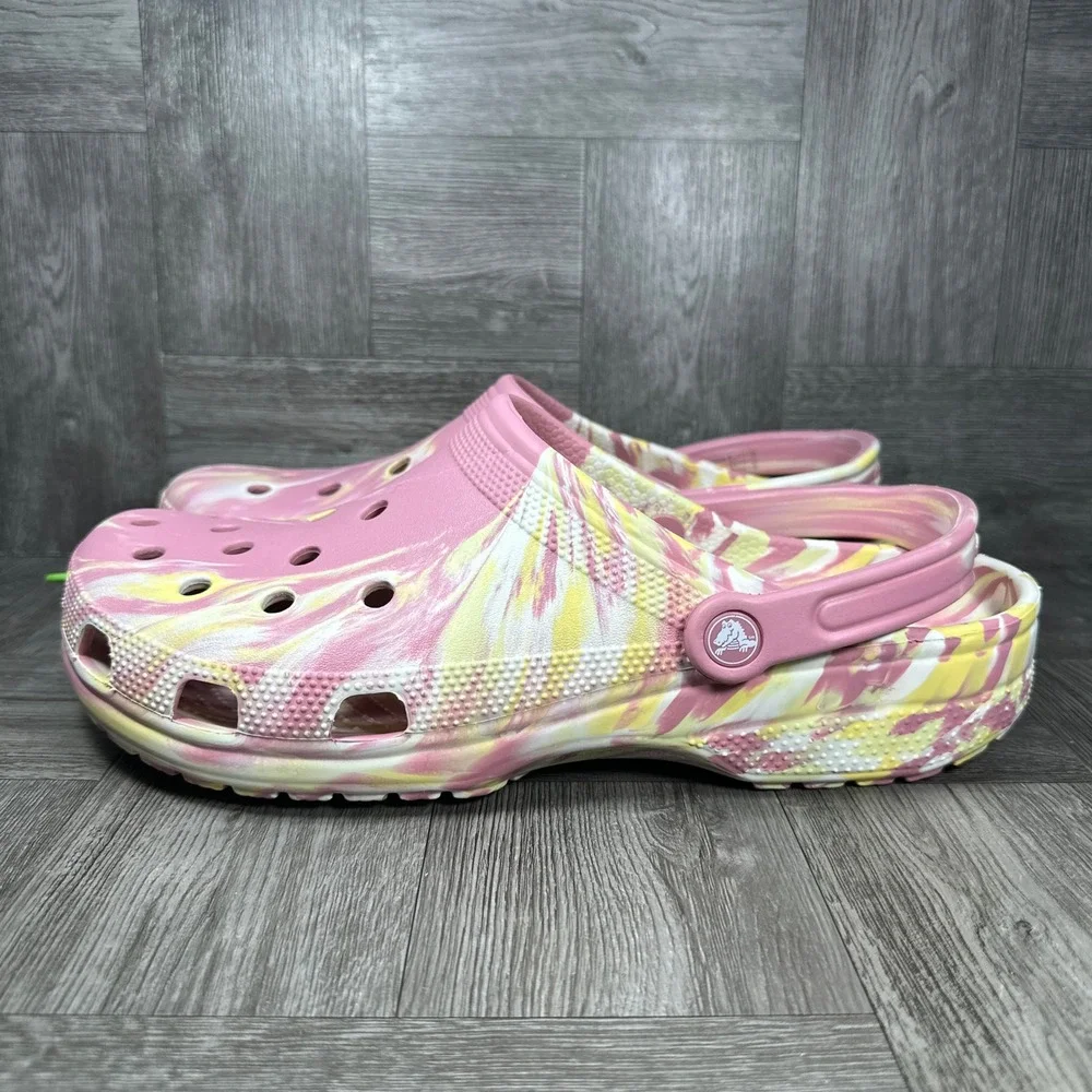 Crocs Classic Clog Mens 13 Pink Yellow Marble Tie Dye Slip On NEW